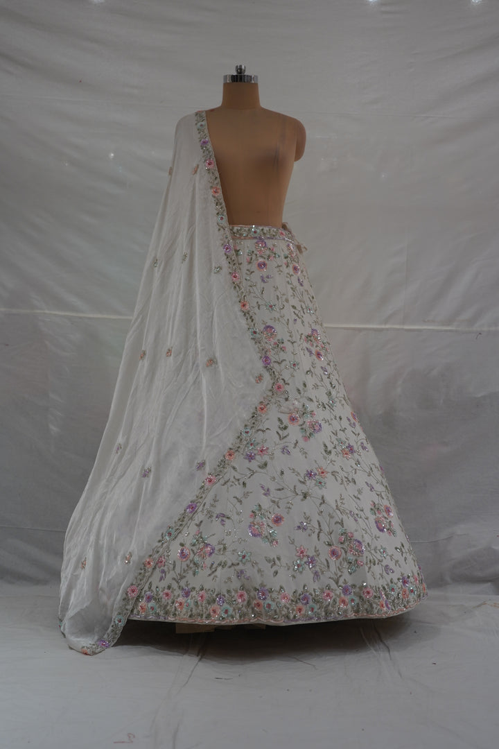 Ivory White Floral Embroidered Designer Lehenga Set with Organza Dupatta