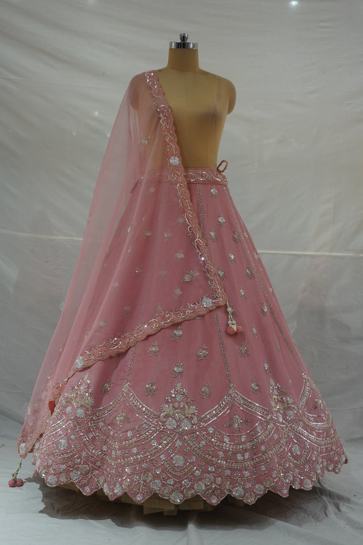 Blush Pink Embroidered Designer Lehenga Set with Organza Dupatta