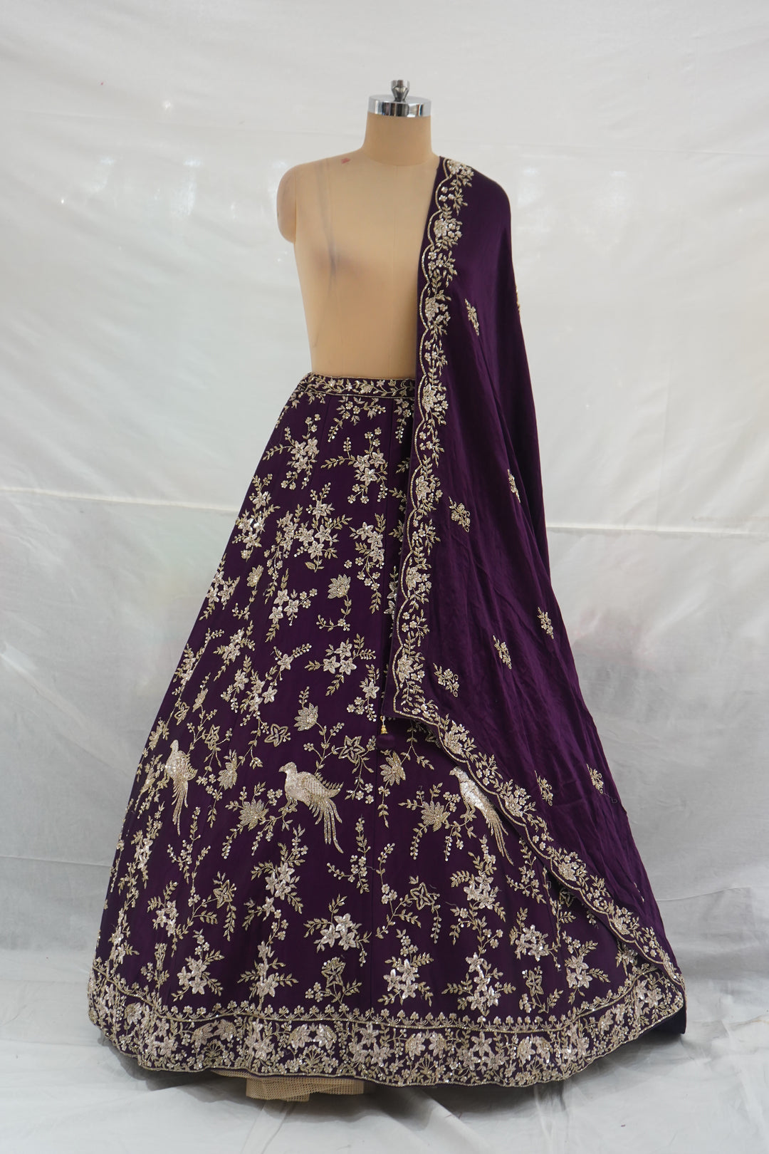 Royal Purple Embroidered Designer Lehenga Set with Floral & Bird Zari Work