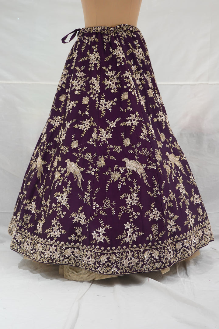 Royal Purple Embroidered Designer Lehenga Set with Floral & Bird Zari Work