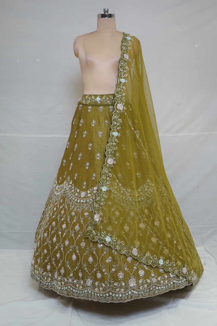 Olive Green Embroidered Designer Lehenga Set with Organza Dupatta