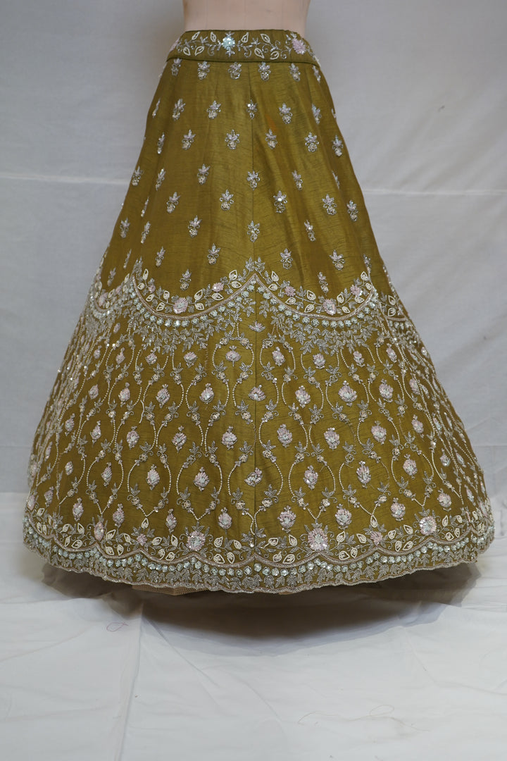 Olive Green Embroidered Designer Lehenga Set with Organza Dupatta