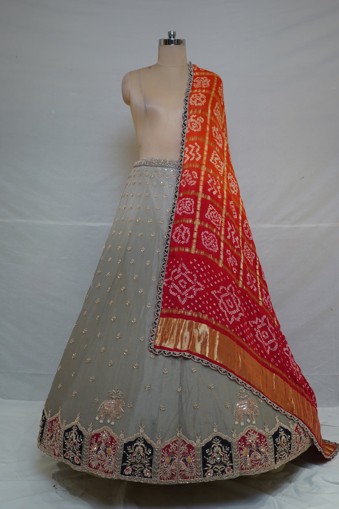 Ivory Grey Designer Lehenga Set with Peacock Embroidery & Bandhani Dupatta