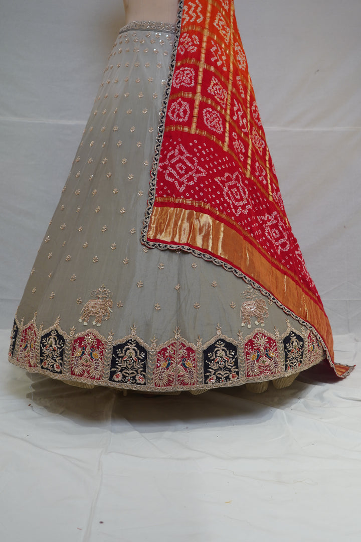 Ivory Grey Designer Lehenga Set with Peacock Embroidery & Bandhani Dupatta