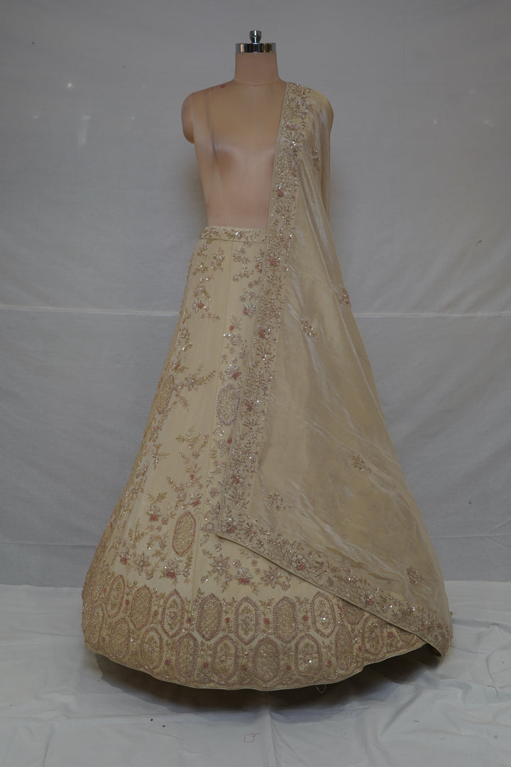 Champagne Beige Designer Embroidered Lehenga Set with Organza Dupatta