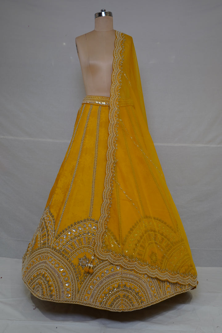 Mustard Yellow Designer Embroidered Lehenga Set with Organza Dupatta