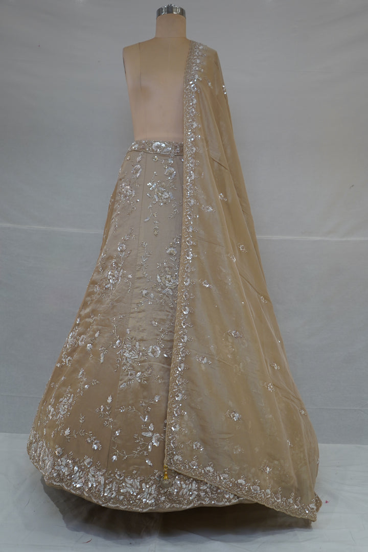 Champagne Beige Designer Embroidered Lehenga Set with Organza Dupatta