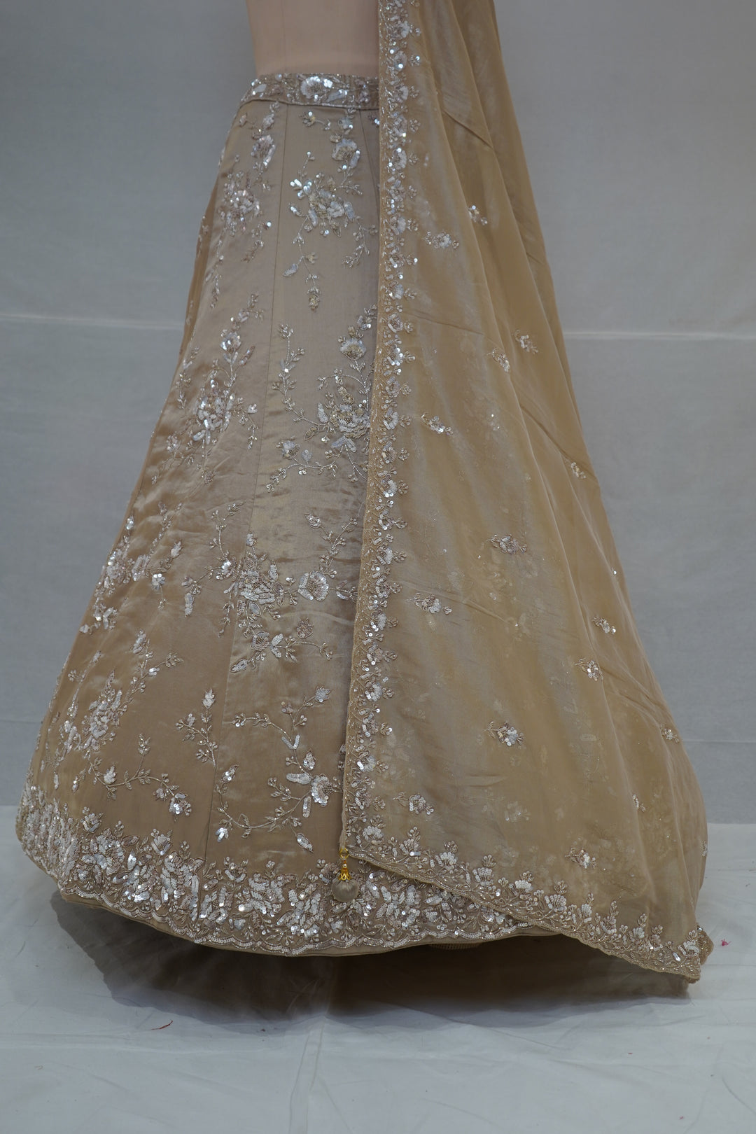 Champagne Beige Designer Embroidered Lehenga Set with Organza Dupatta