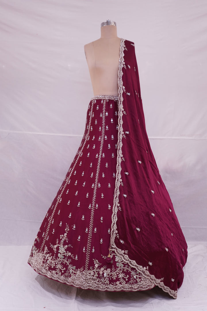 Wine Maroon Designer Embroidered Lehenga Set with Matching Dupatta