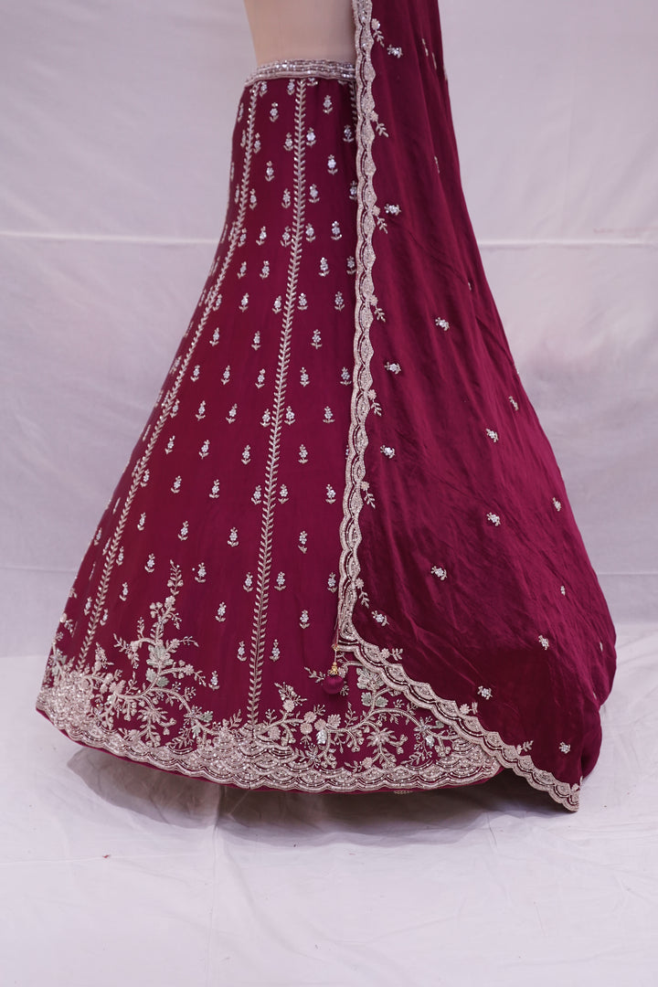 Wine Maroon Designer Embroidered Lehenga Set with Matching Dupatta