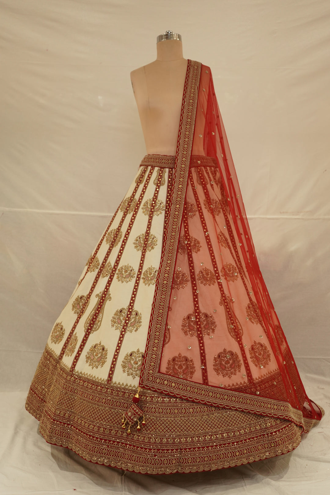 Ivory White & Ruby Red Designer Embroidered Lehenga Set with Organza Dupatta