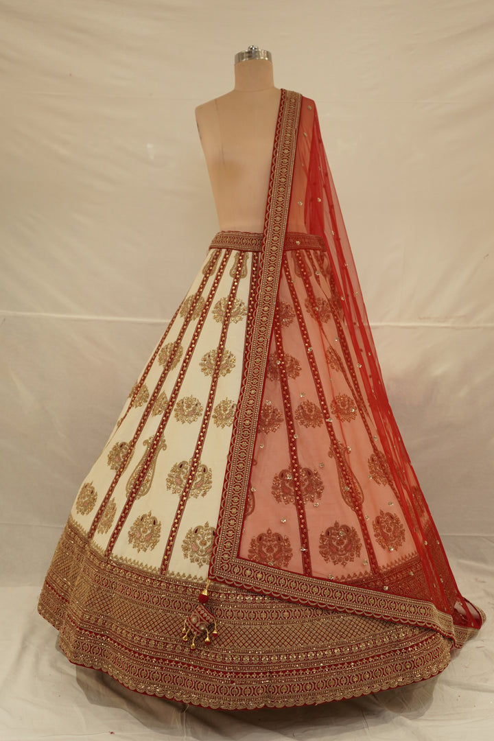 Ivory White & Ruby Red Designer Embroidered Lehenga Set with Organza Dupatta