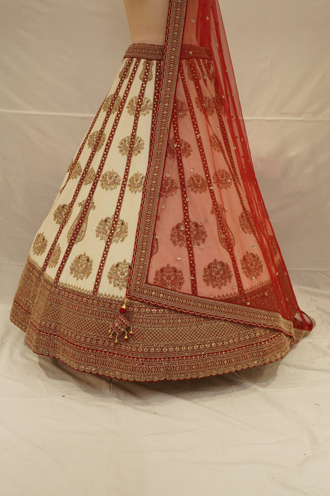 Ivory White & Ruby Red Designer Embroidered Lehenga Set with Organza Dupatta