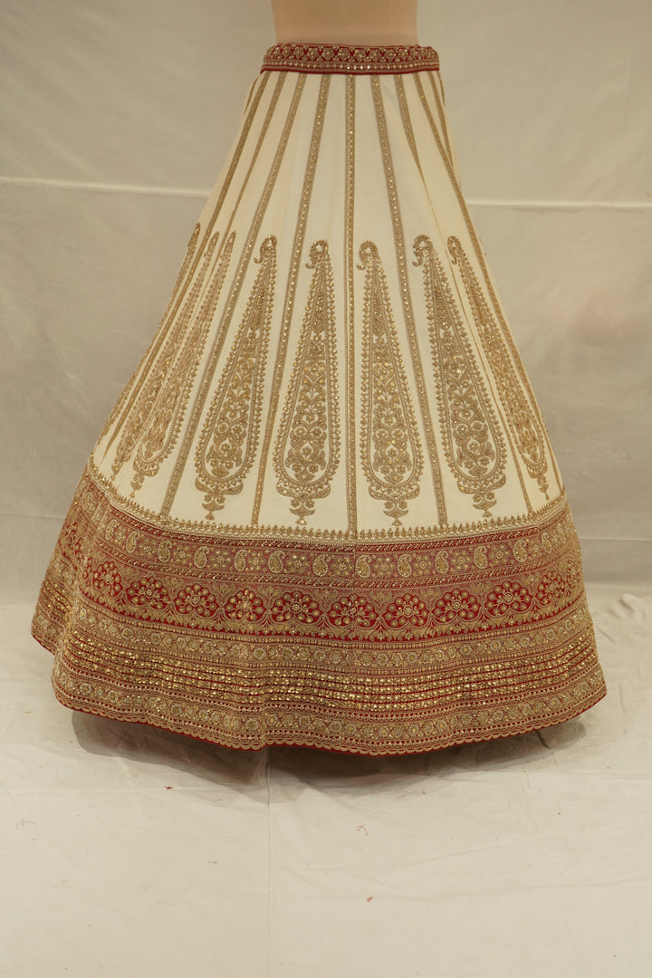 Ivory White & Crimson Red Designer Bridal Lehenga Set with Embroidered Organza Dupatta