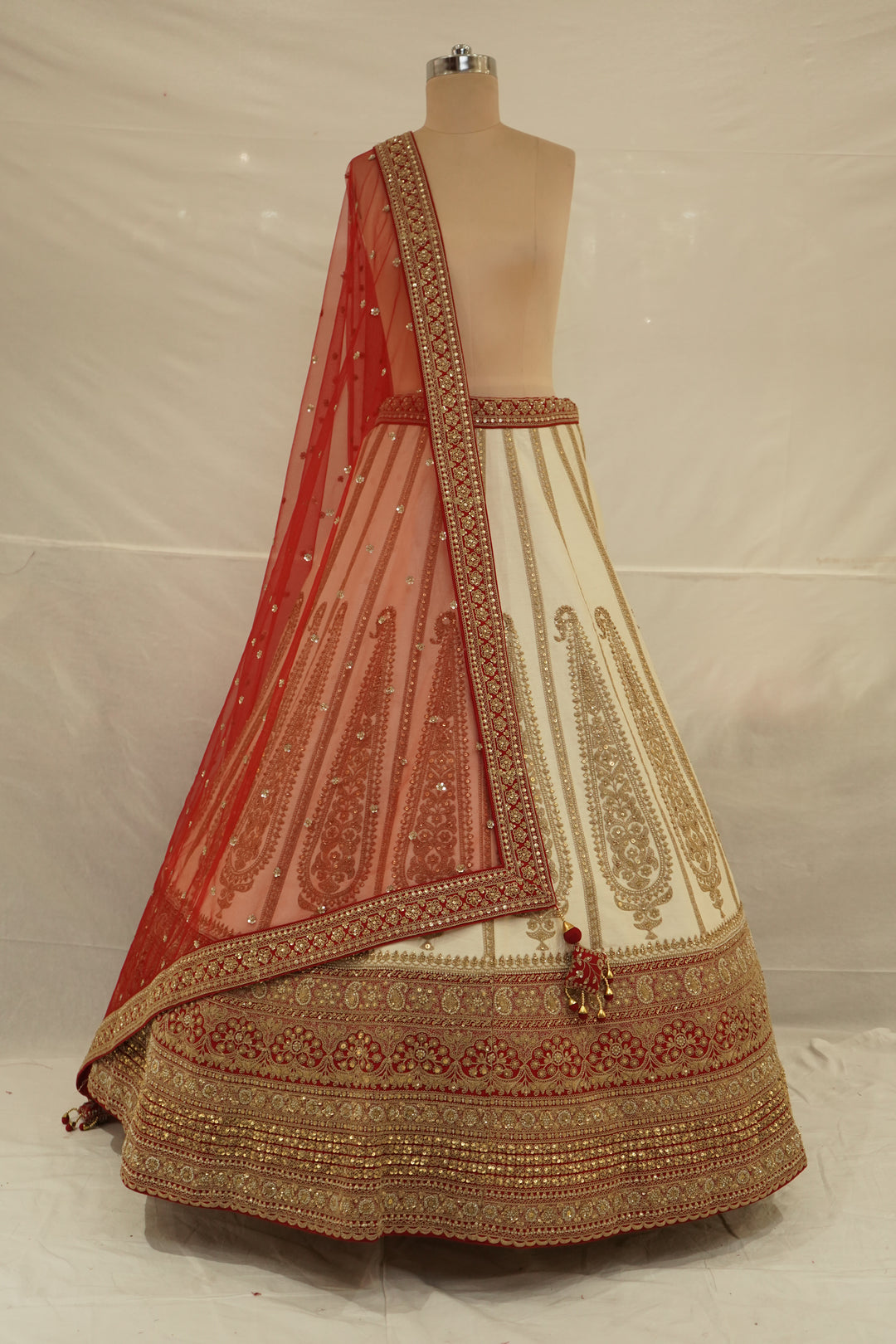 Ivory White & Crimson Red Designer Bridal Lehenga Set with Embroidered Organza Dupatta