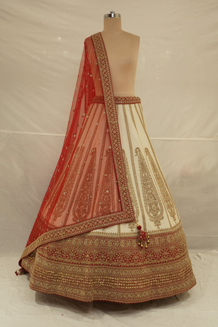 Ivory White & Crimson Red Designer Bridal Lehenga Set with Embroidered Organza Dupatta