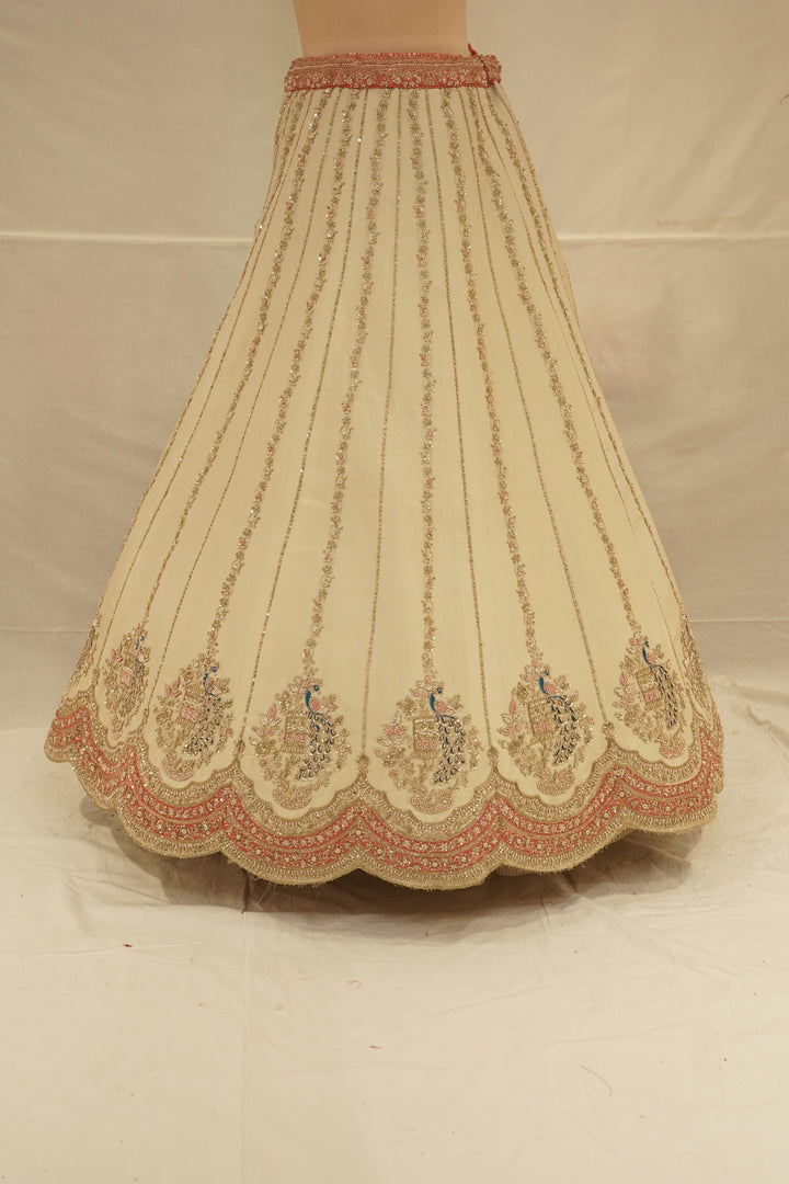 Ivory White & Blush Peach Designer Embroidered Lehenga Set with Organza Dupatta
