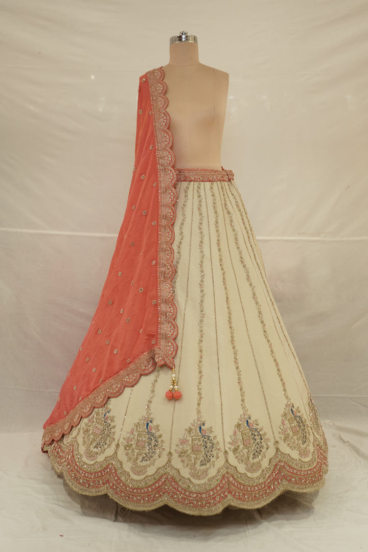 Ivory White & Blush Peach Designer Embroidered Lehenga Set with Organza Dupatta