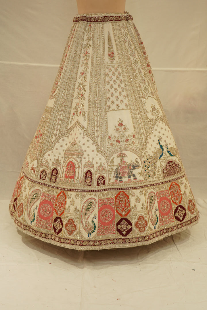 Ivory White Designer Lehenga Set with Heritage Motif Embroidery & Organza Dupatta