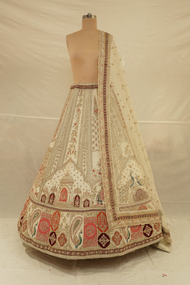 Ivory White Designer Lehenga Set with Heritage Motif Embroidery & Organza Dupatta