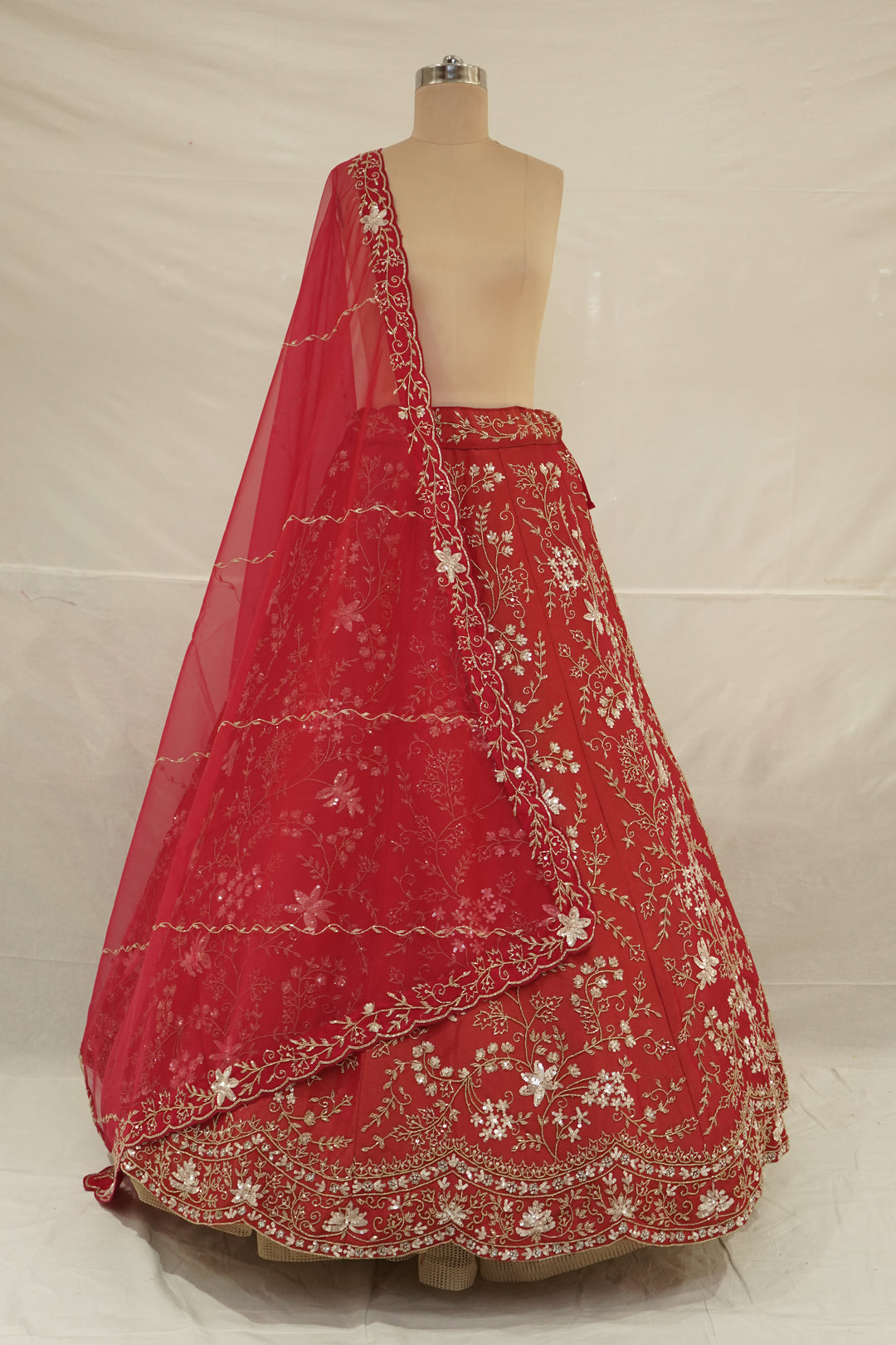 Ruby Red Designer Lehenga Set with Floral Zari Embroidery & Organza Dupatta
