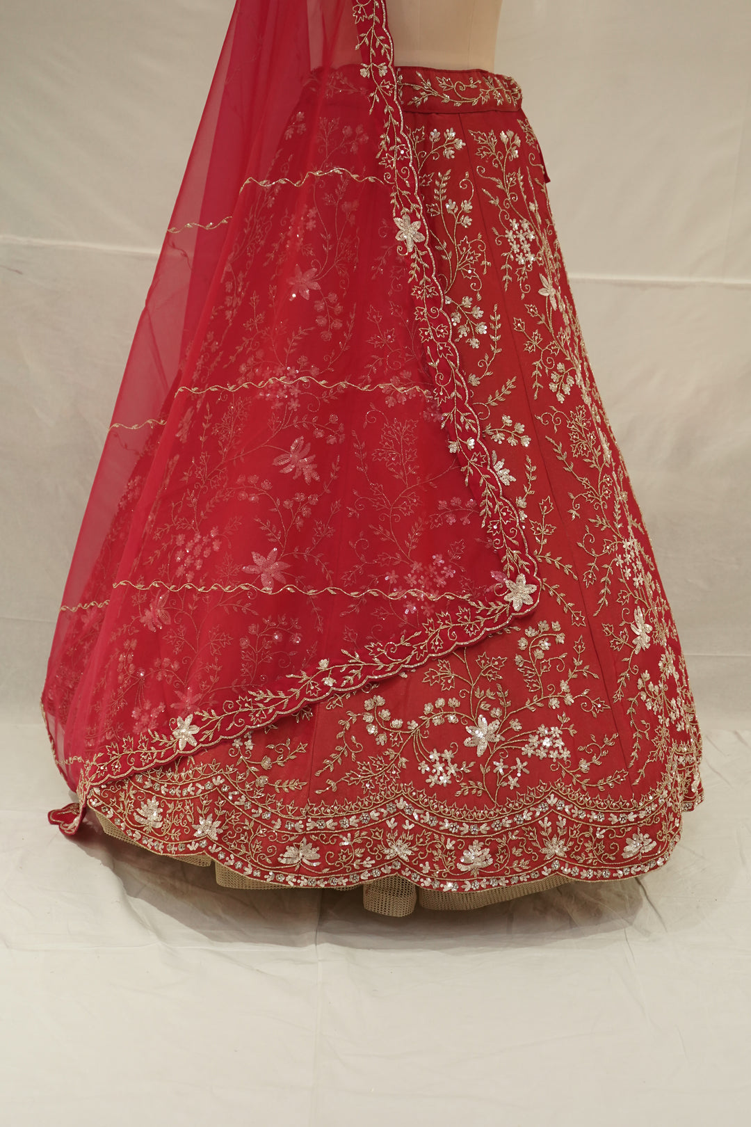 Ruby Red Designer Lehenga Set with Floral Zari Embroidery & Organza Dupatta