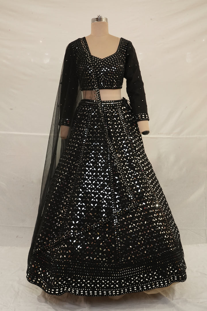 Midnight Black Mirror Work Lehenga Set with Full Sleeve Designer Blouse