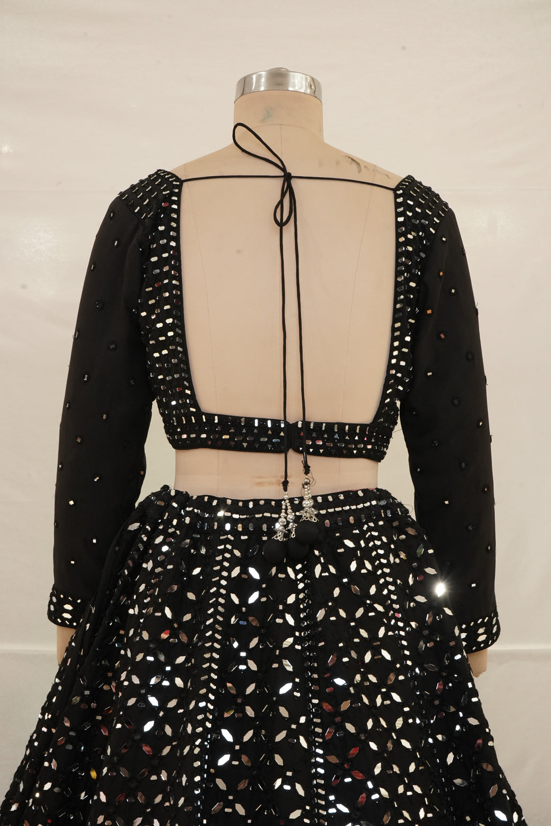 Midnight Black Mirror Work Lehenga Set with Full Sleeve Designer Blouse