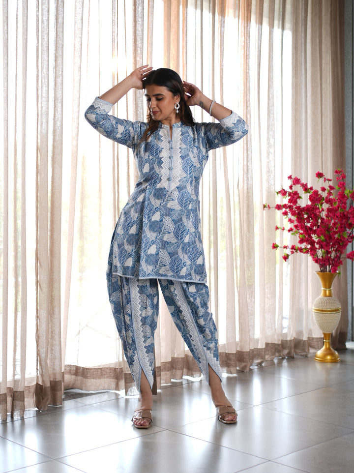 Blue Leaf Printed Cotton Ethnic Suit Set with Matching Handbag