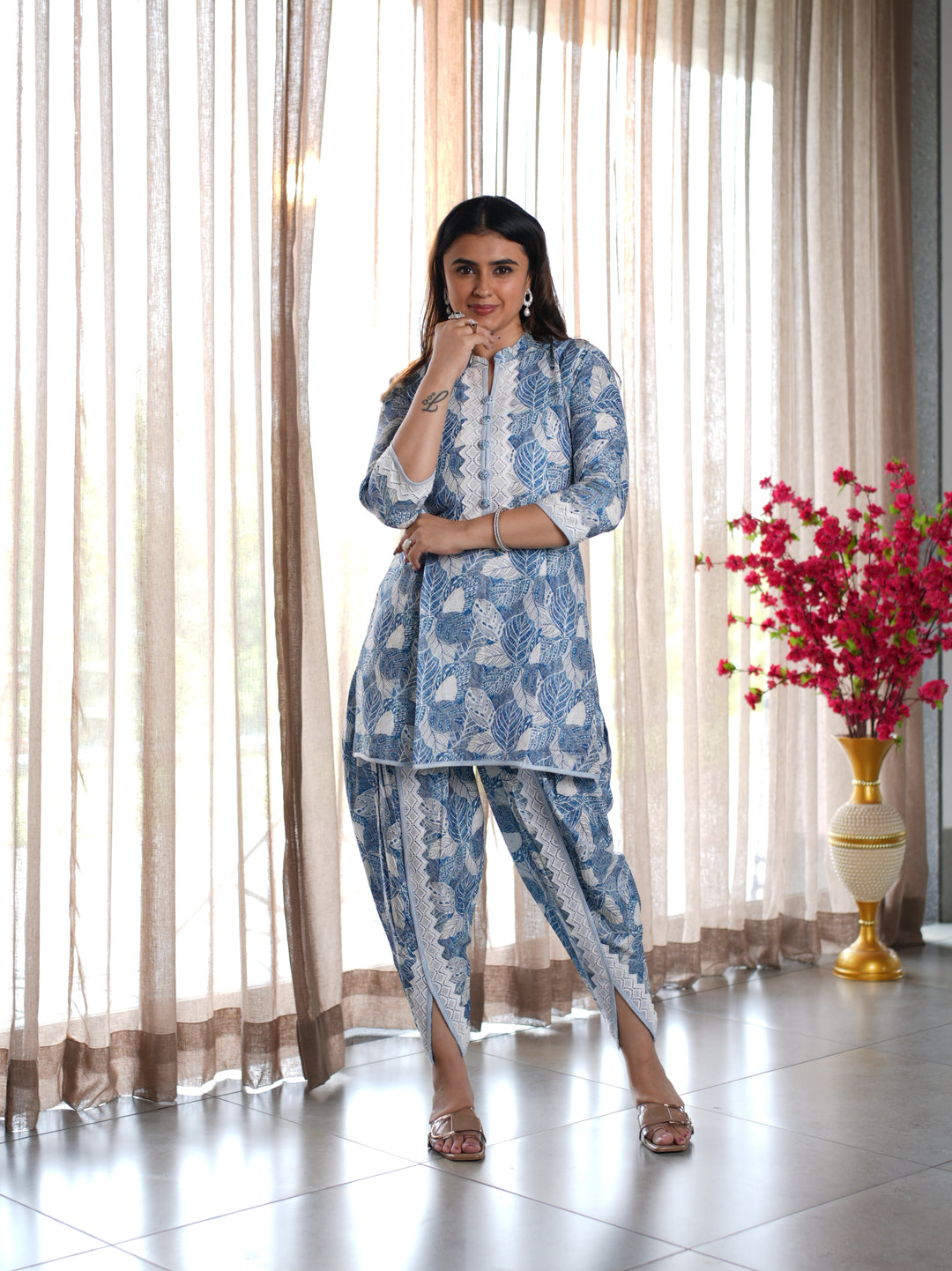 Blue Leaf Printed Cotton Ethnic Suit Set with Matching Handbag