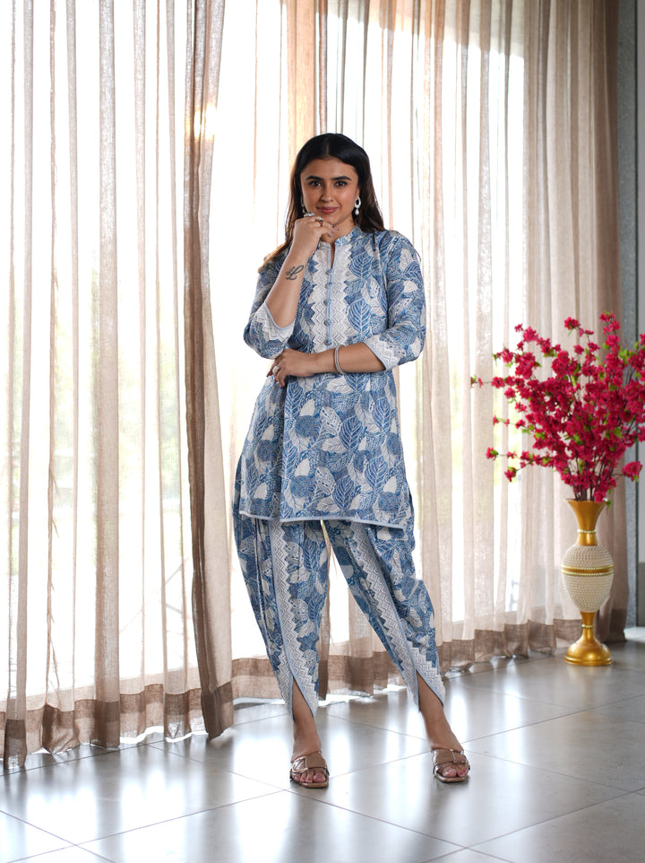 Blue Leaf Printed Cotton Ethnic Suit Set with Matching Handbag