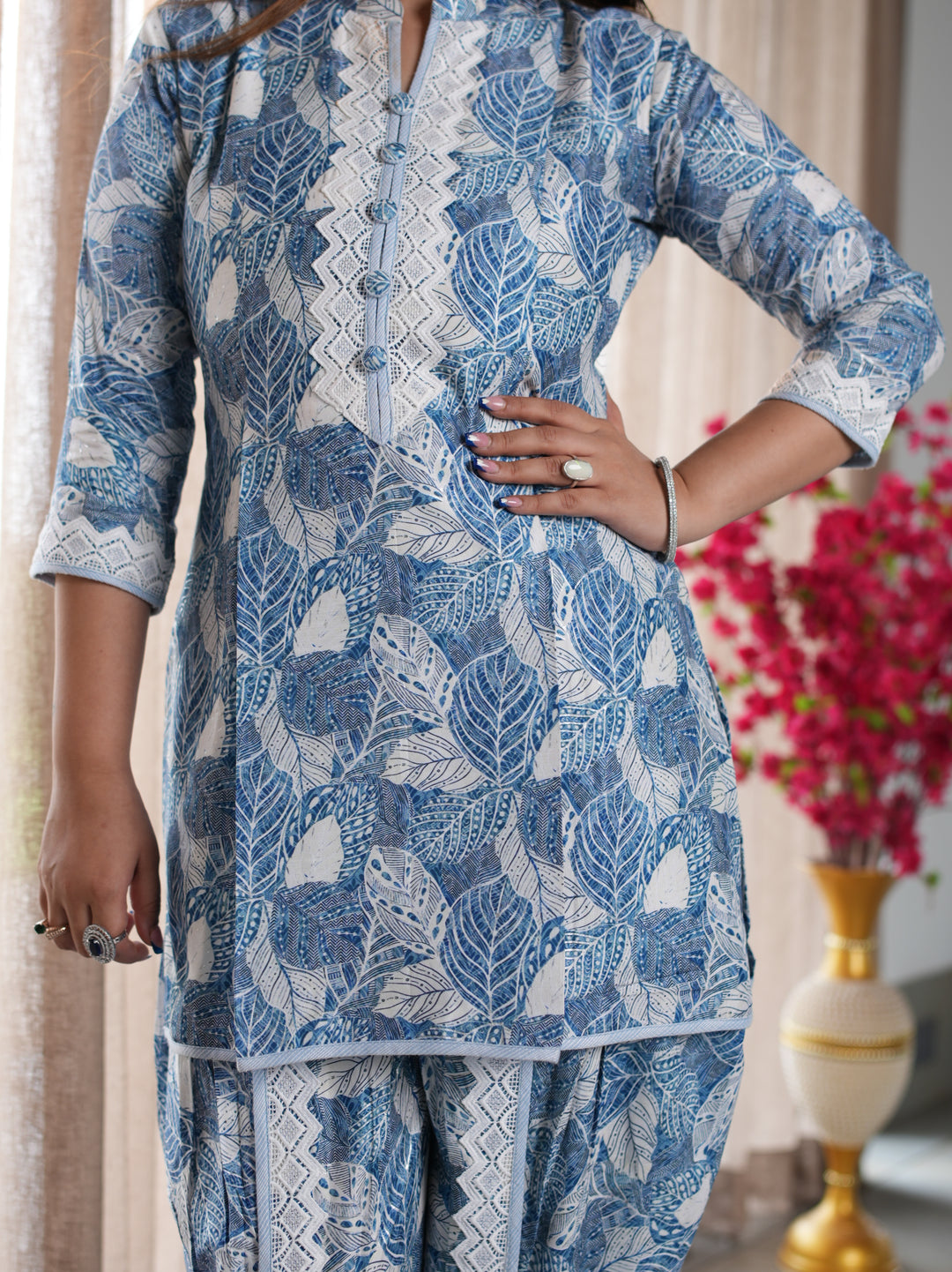 Blue Leaf Printed Cotton Ethnic Suit Set with Matching Handbag