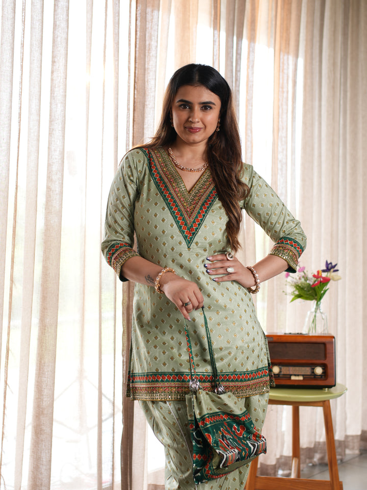 Sage Green Printed Cotton Ethnic Suit Set with Matching Handbag