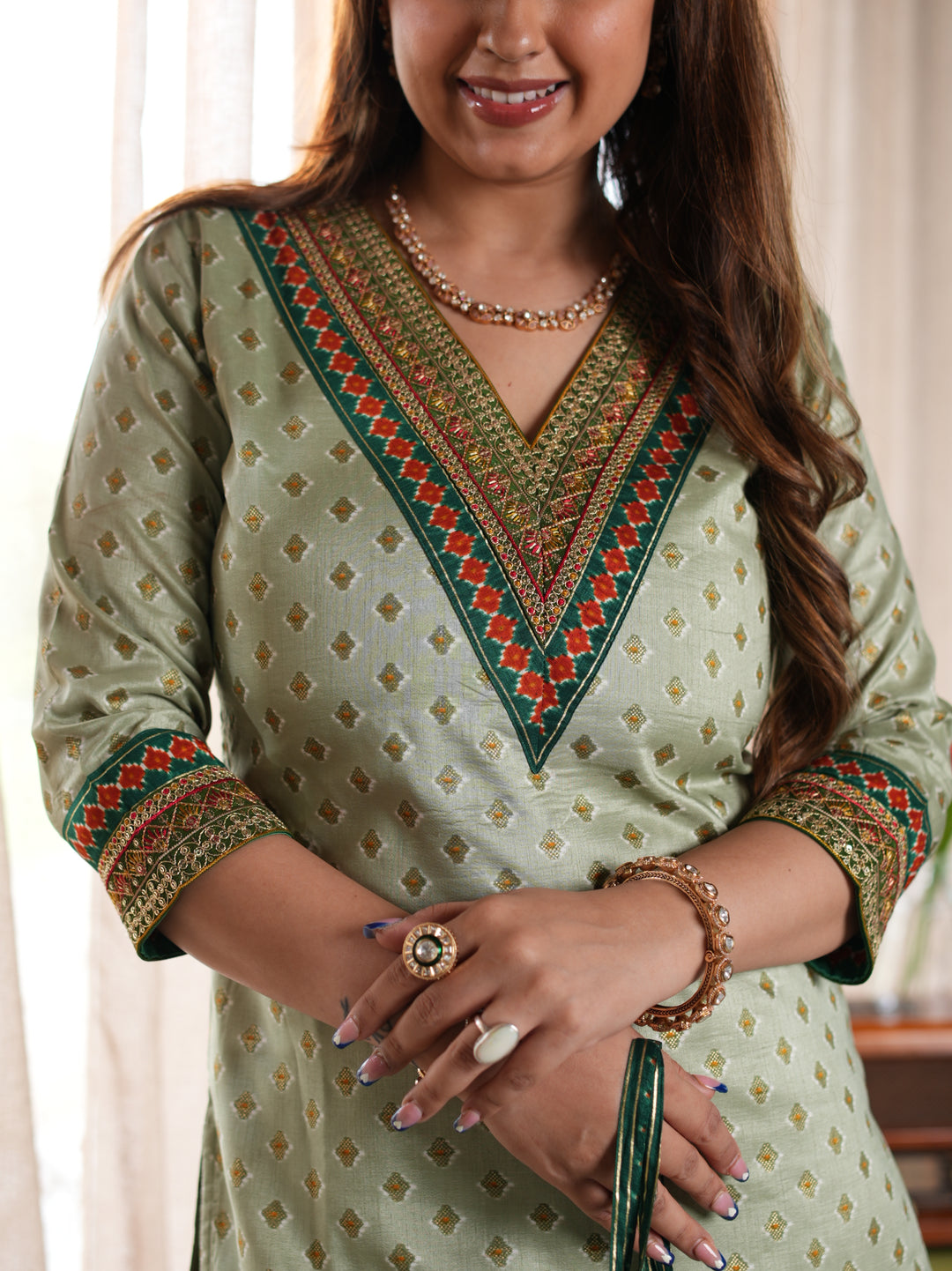 Sage Green Printed Cotton Ethnic Suit Set with Matching Handbag