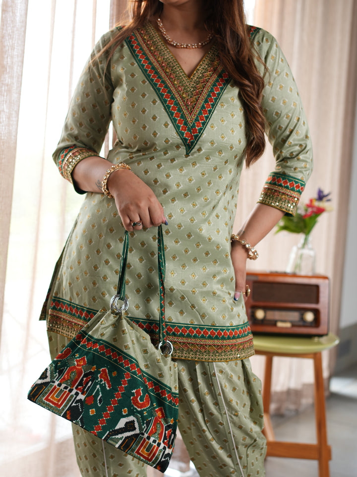 Sage Green Printed Cotton Ethnic Suit Set with Matching Handbag