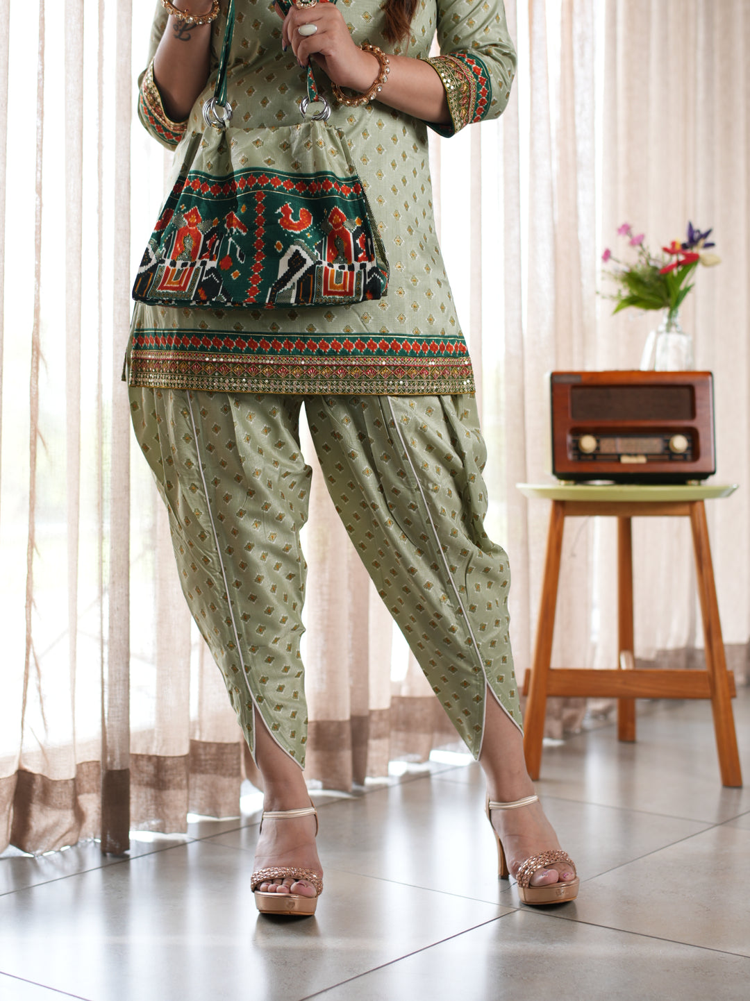 Sage Green Printed Cotton Ethnic Suit Set with Matching Handbag