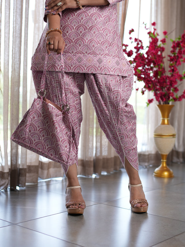 Pink Printed Cotton Ethnic Suit Set with Matching Handbag