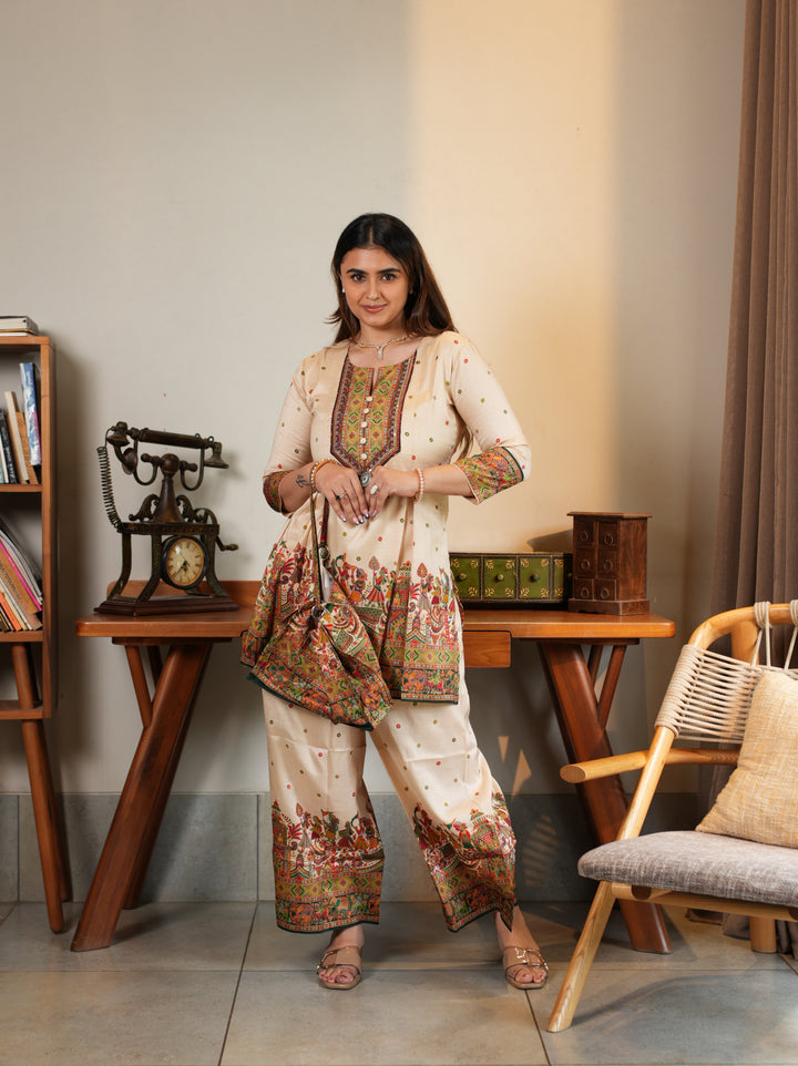 Cream Multicolor Embroidered Ethnic Suit Set with Matching Potli Bag