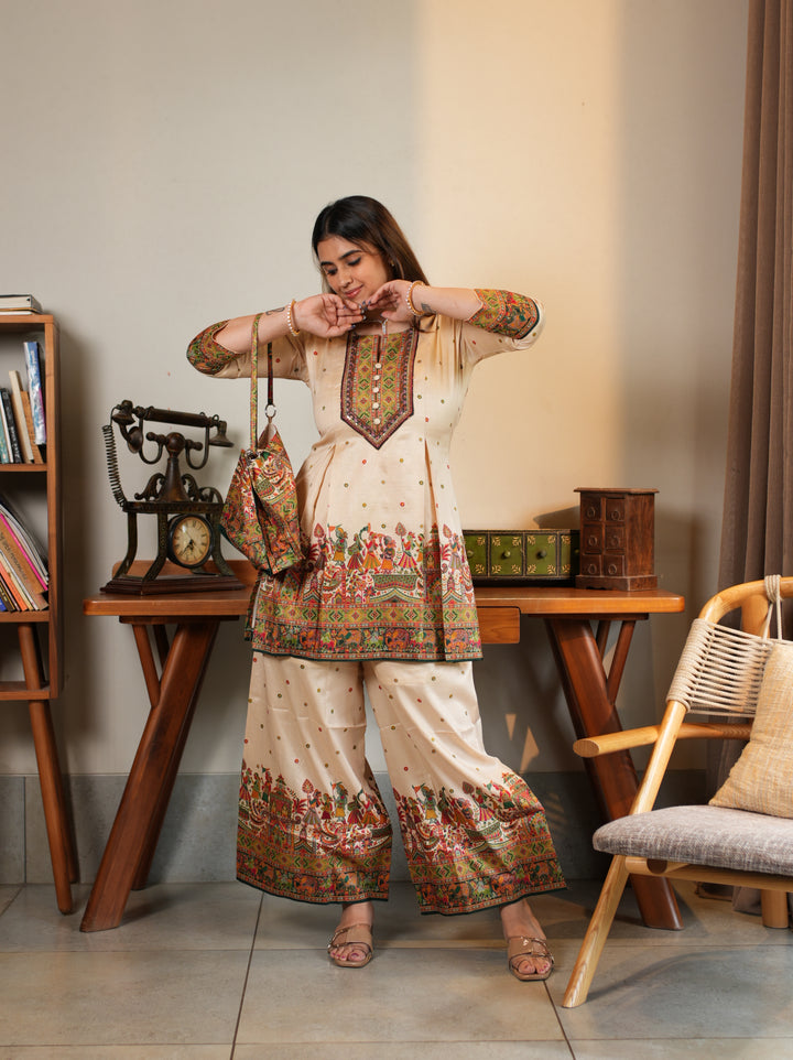 Cream Multicolor Embroidered Ethnic Suit Set with Matching Potli Bag