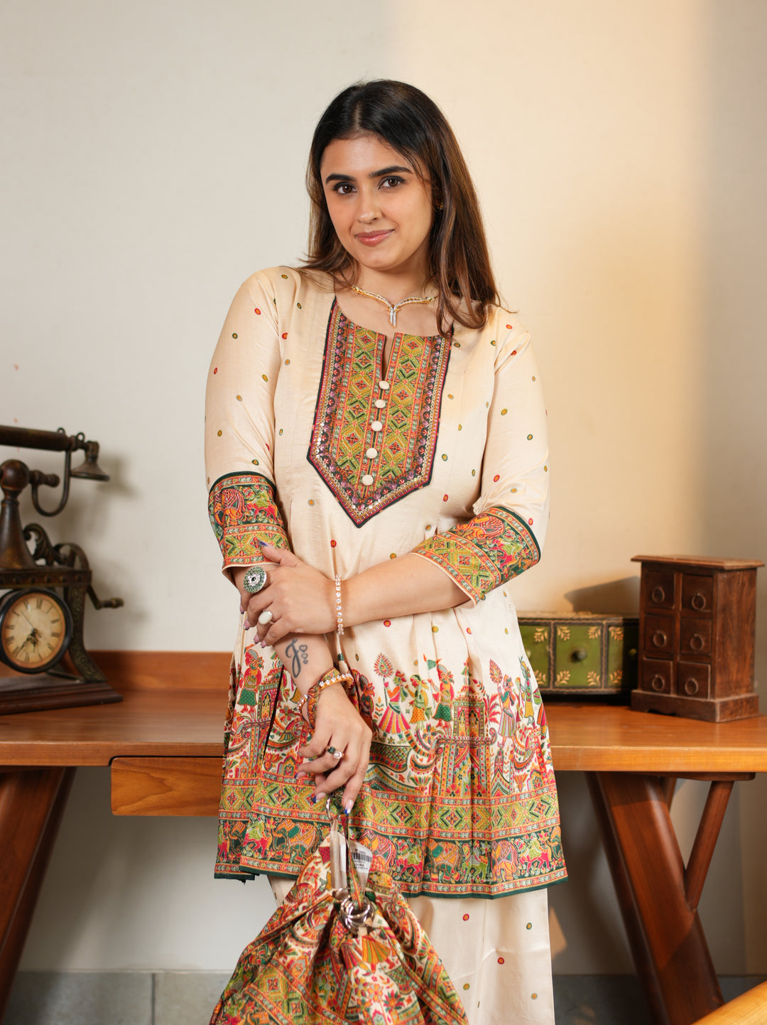 Cream Multicolor Embroidered Ethnic Suit Set with Matching Potli Bag