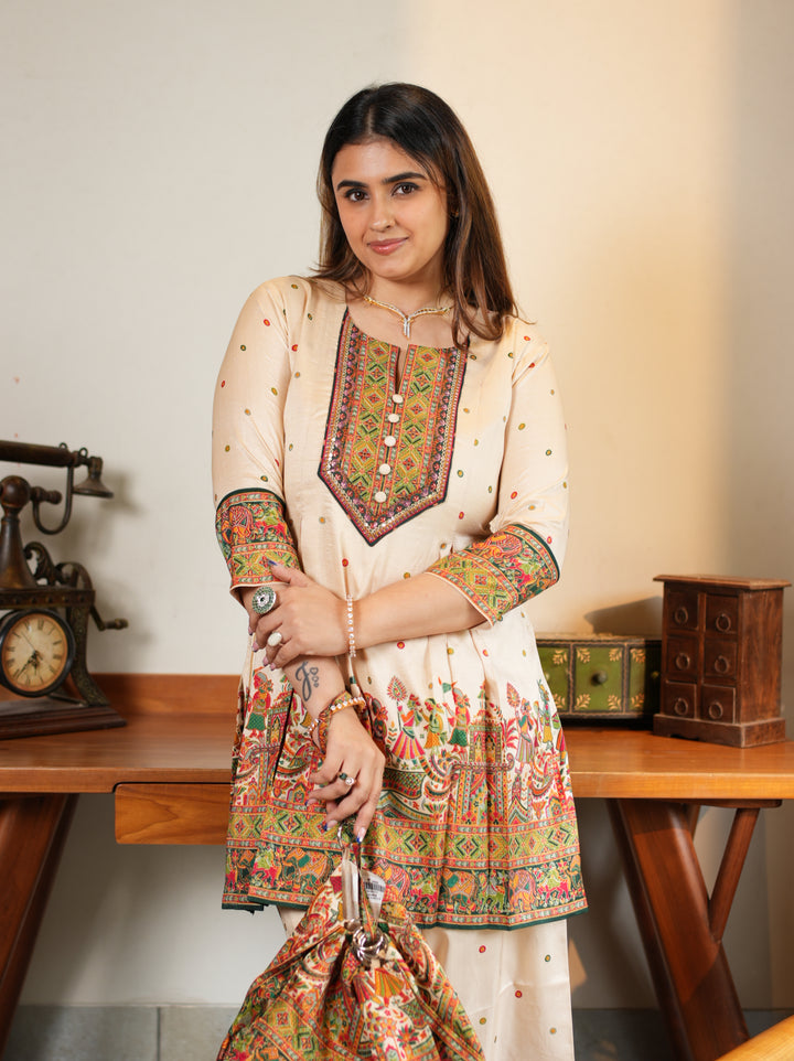Cream Multicolor Embroidered Ethnic Suit Set with Matching Potli Bag