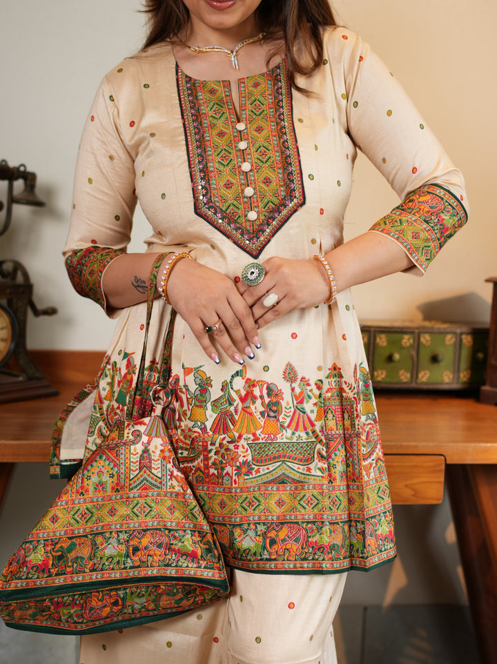 Cream Multicolor Embroidered Ethnic Suit Set with Matching Potli Bag