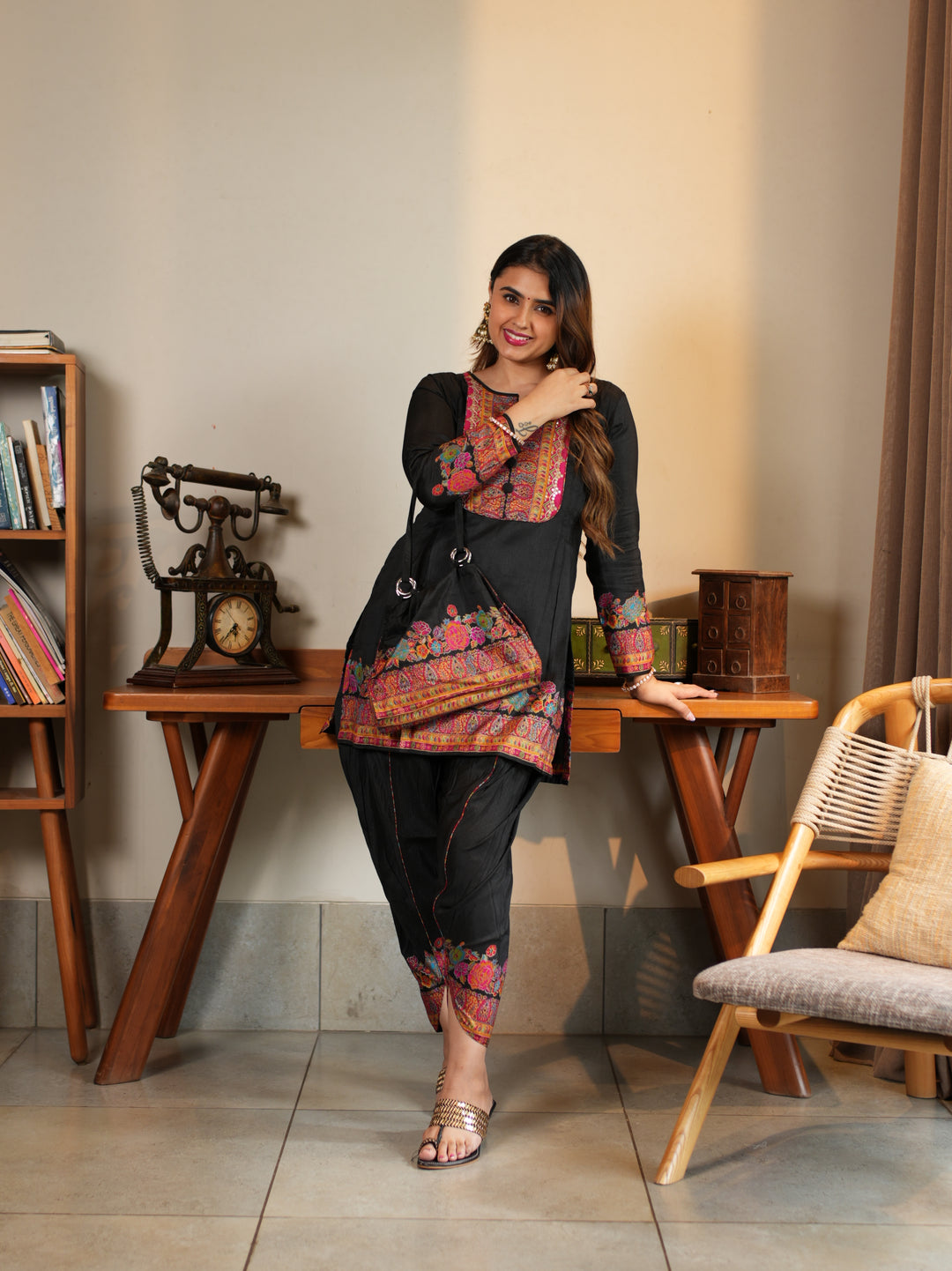Midnight Kashmiri Embroidered Suit Set with Matching Bag
