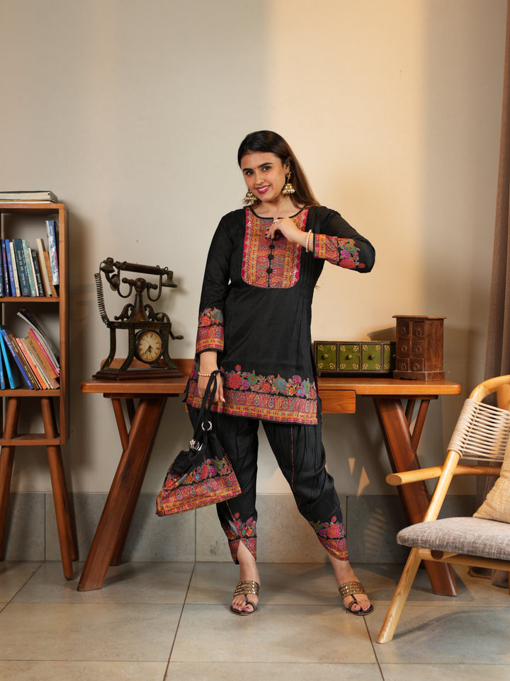 Midnight Kashmiri Embroidered Suit Set with Matching Bag