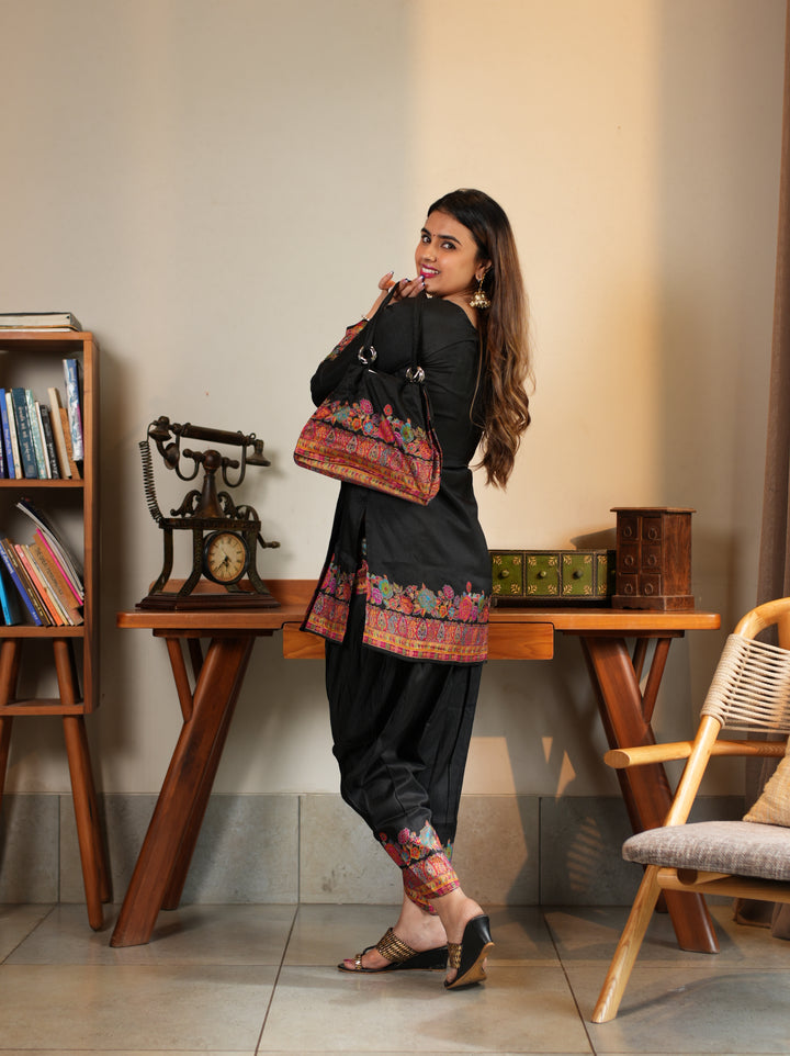 Midnight Kashmiri Embroidered Suit Set with Matching Bag