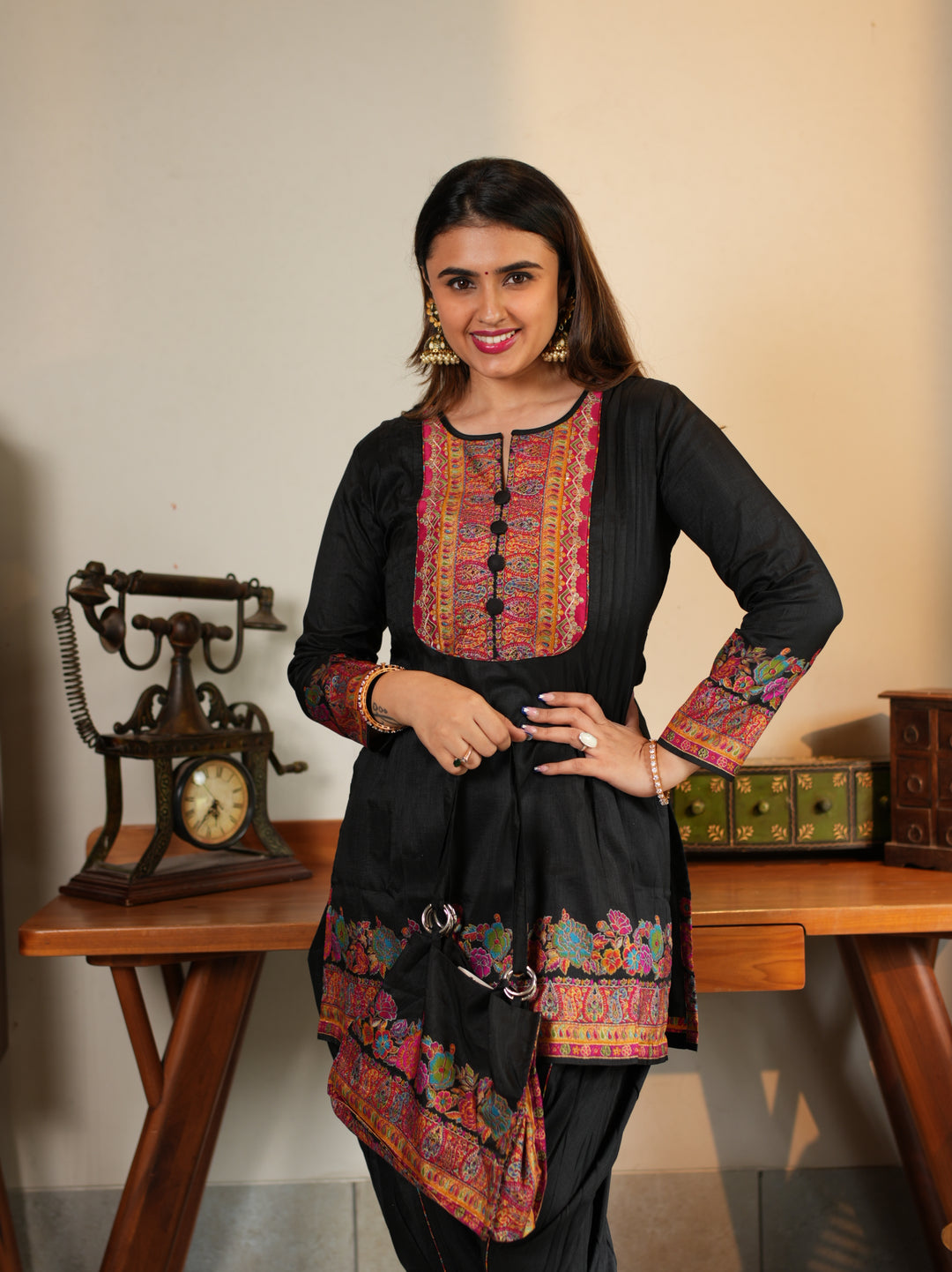 Midnight Kashmiri Embroidered Suit Set with Matching Bag