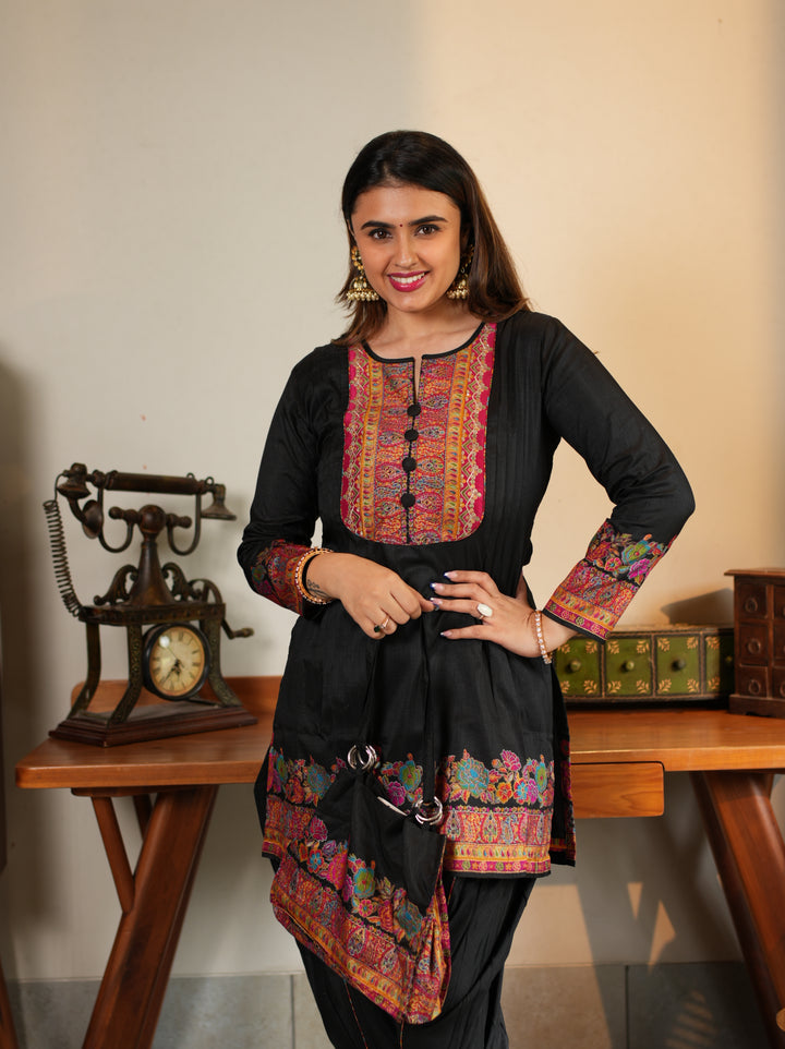 Midnight Kashmiri Embroidered Suit Set with Matching Bag