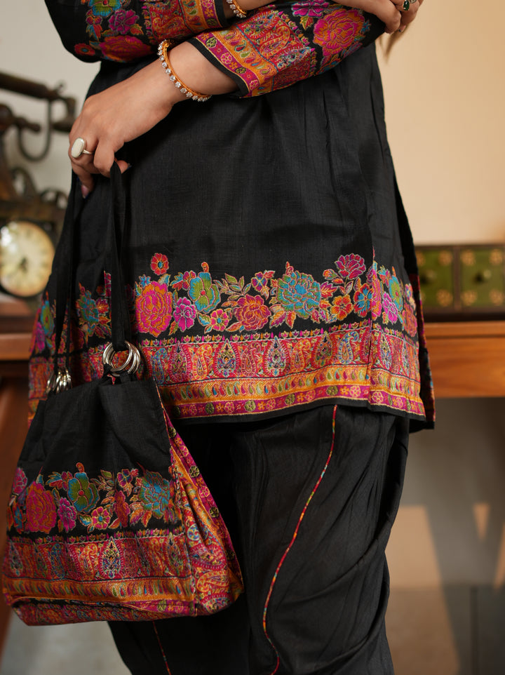 Midnight Kashmiri Embroidered Suit Set with Matching Bag