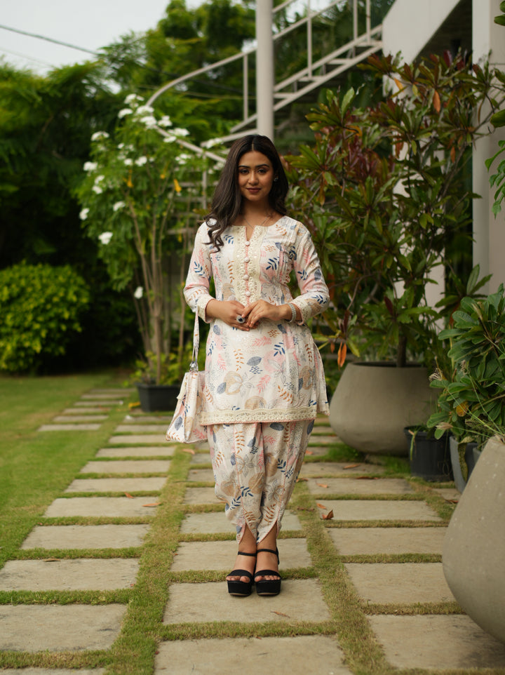 Cream White Embroidered Suit Set with Matching Bag