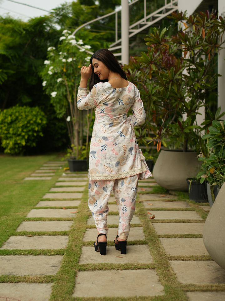 Cream White Embroidered Suit Set with Matching Bag
